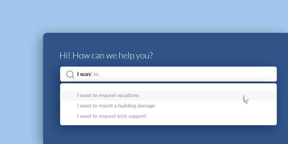 Platform's search bar allows users to create their requests with knowledge base suggestions
